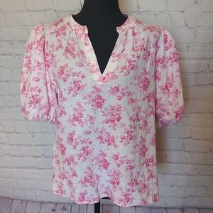 CeCe Size Medium Pink White Floral Puffed Sleeve Linen Blend Cottagecore Top